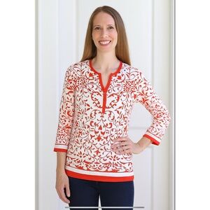 J MCLAUGHLIN TOP HENLEY PAISLEY OWL 3/4 SLEEVE COASTAL CASUAL CATALINA CLOTH XS